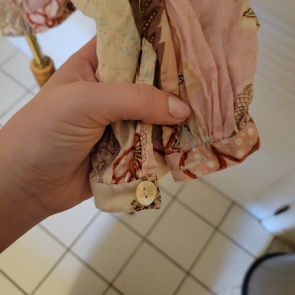 grizzly 90s Boho Floral Cotton Tunic Top Puff Sleeve Tie Hem Large - Picture 8 of 9